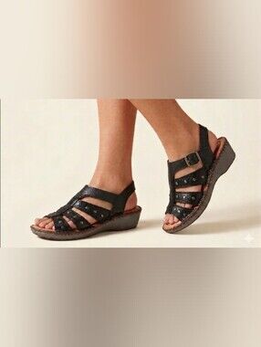 Casual Comfort Sandals Women 7.5 Wedge Weekend Resort Travel Black Leather New